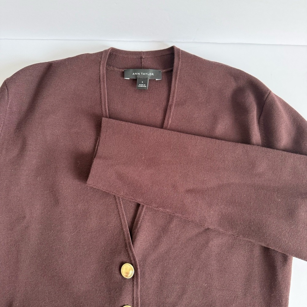 Ann Taylor Cardigan Size SM Chocolate Brown Gold Buttons Career Casual Money - Picture 4 of 8